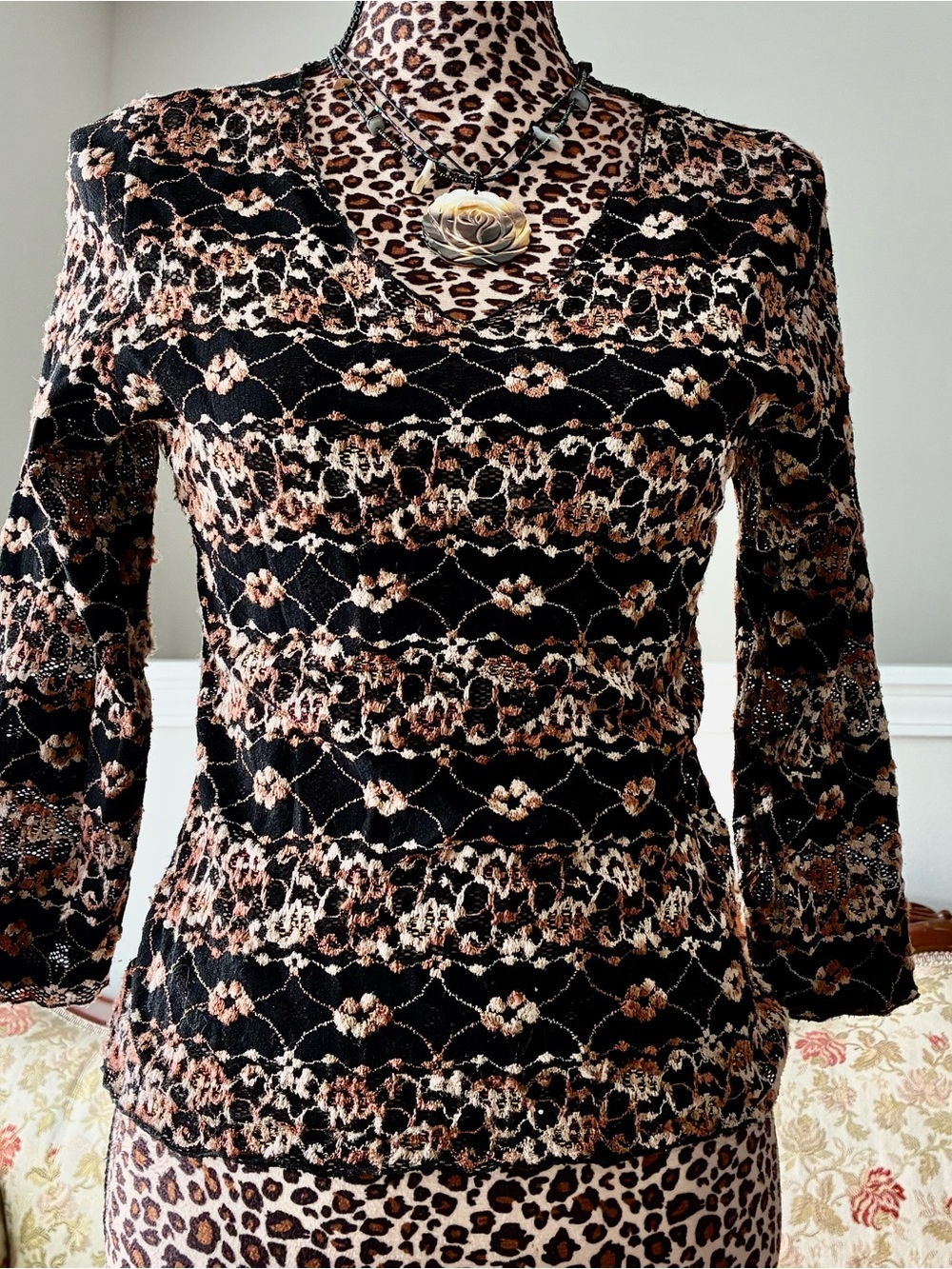Patchington Black & Brown Lace-Pattern V-Neck Long Sleeve Top